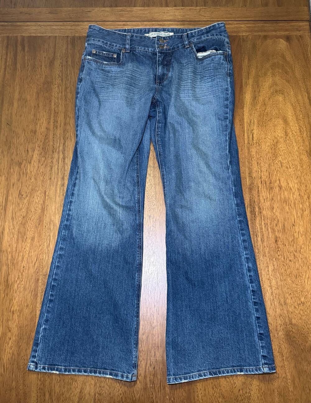 Express Seffaro Denim Jeans Womens 14R Y2K Blue Wash Flare Leg Double Button